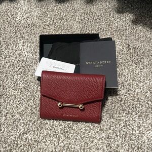 Strathberry Red Burgundy Leather Wallet with Gold Accents